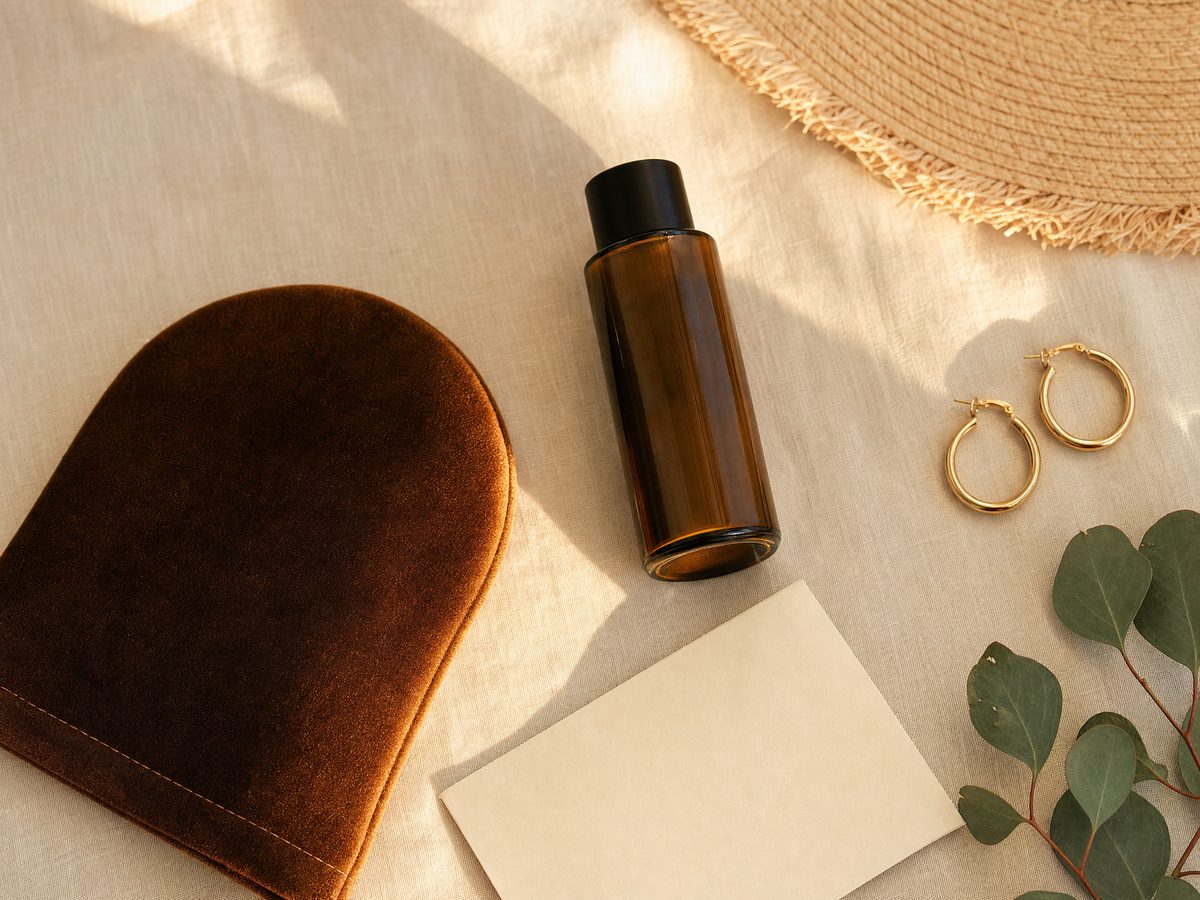 Spray tan mitt, tanning solution and sun hat laid out on linen
